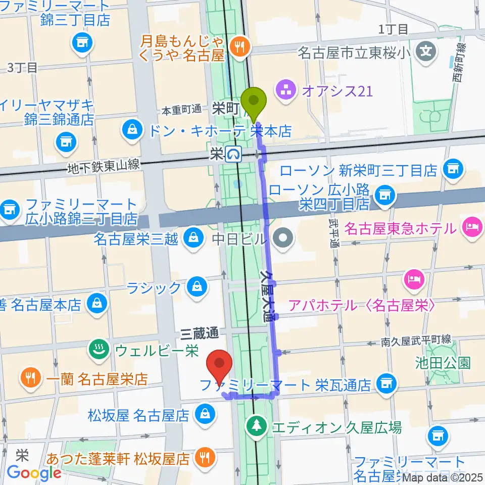 栄町駅から名古屋ReNY limitedへのルートマップ地図