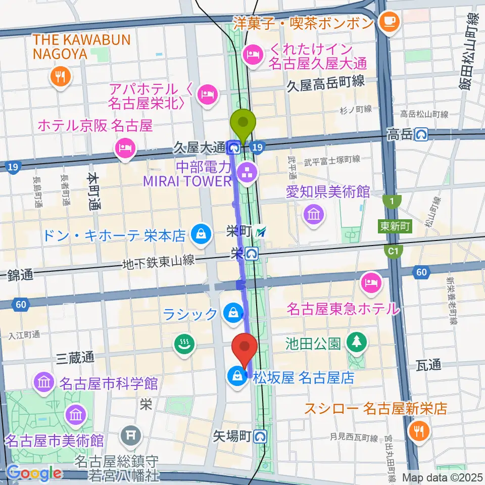 久屋大通駅から名古屋ReNY limitedへのルートマップ地図