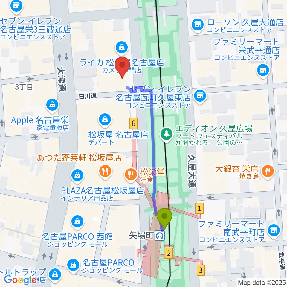 名古屋ReNY limitedの最寄駅矢場町駅からの徒歩ルート（約4分）地図