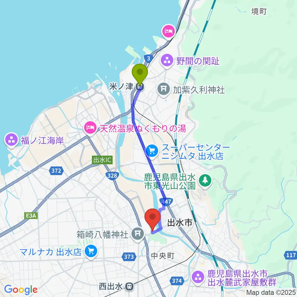 米ノ津駅からマルマエ音楽ホール出水へのルートマップ地図
