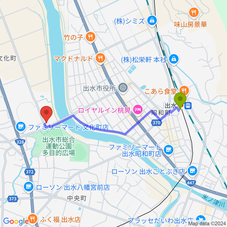 マルマエ音楽ホール出水の最寄駅出水駅からの徒歩ルート（約19分）地図