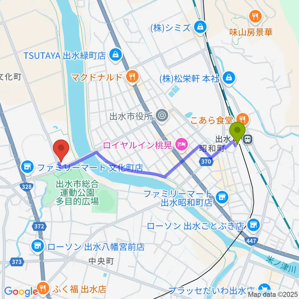 マルマエ音楽ホール出水の最寄駅出水駅からの徒歩ルート（約19分）地図