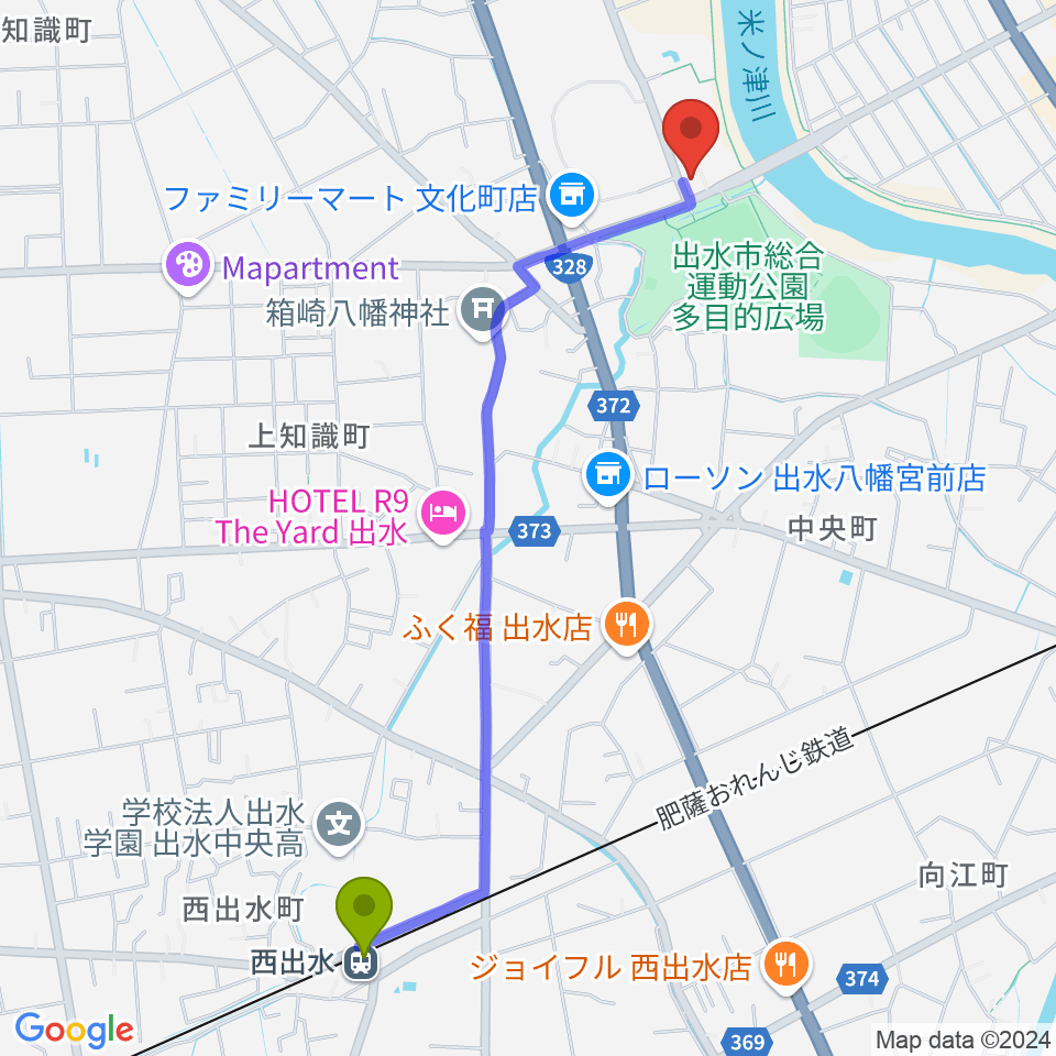 西出水駅からマルマエ音楽ホール出水へのルートマップ地図