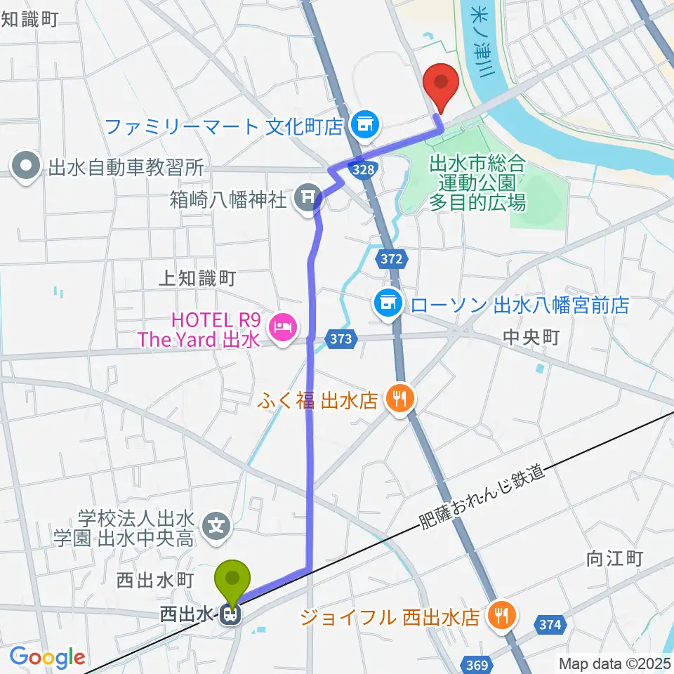 西出水駅からマルマエ音楽ホール出水へのルートマップ地図