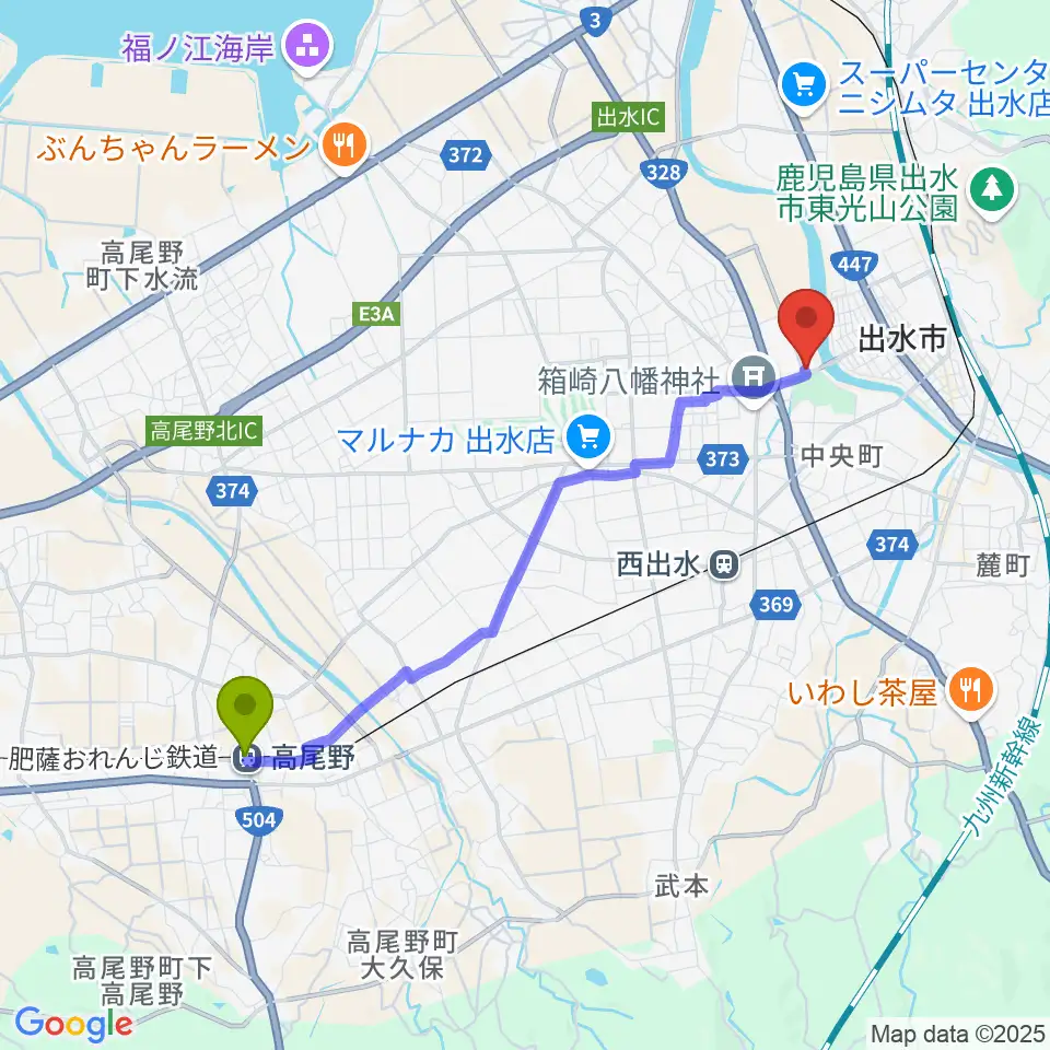 高尾野駅からマルマエ音楽ホール出水へのルートマップ地図