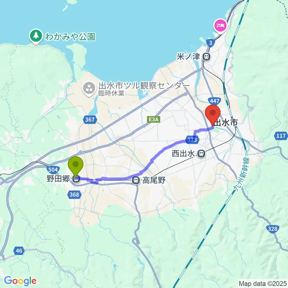 野田郷駅からマルマエ音楽ホール出水へのルートマップ地図