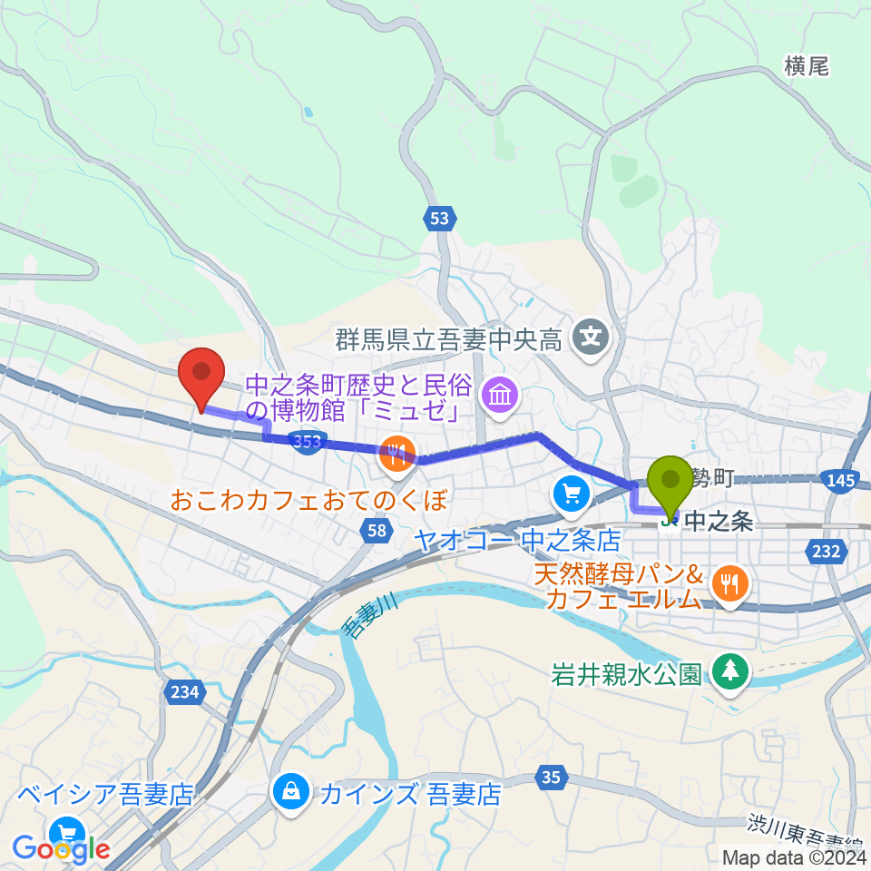 中之条駅からバイテック文化ホールへのルートマップ地図