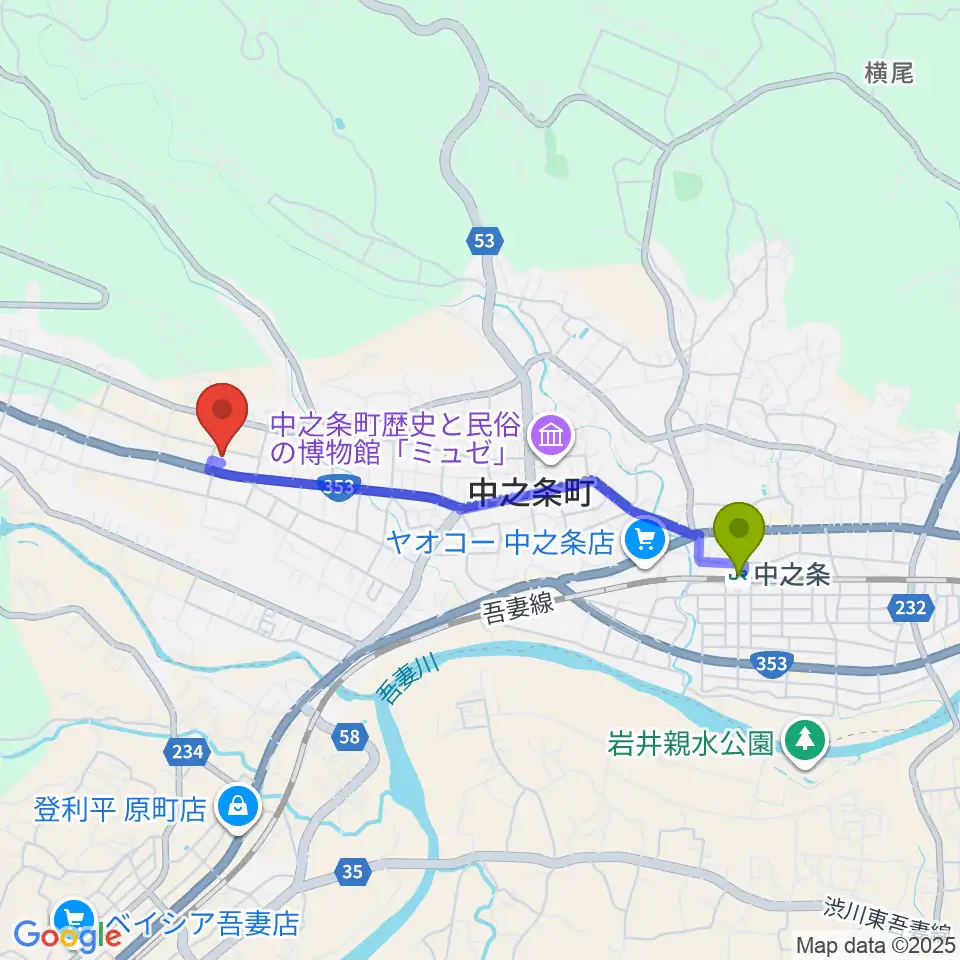 中之条駅からバイテック文化ホールへのルートマップ地図