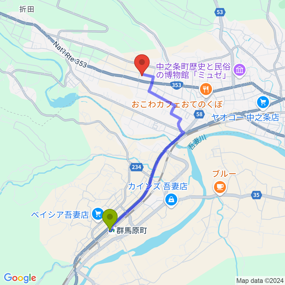 バイテック文化ホールの最寄駅群馬原町駅からの徒歩ルート（約34分）地図