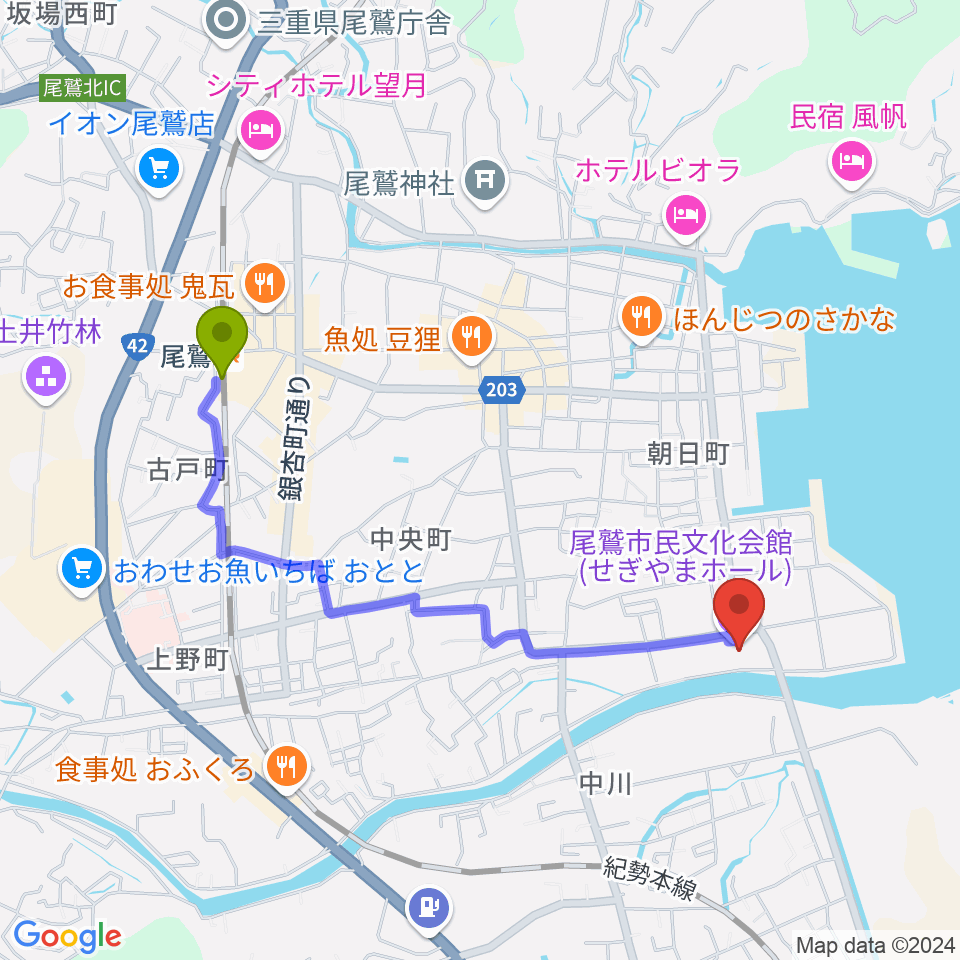 尾鷲市民文化会館 せぎやまホールの最寄駅尾鷲駅からの徒歩ルート（約19分）地図