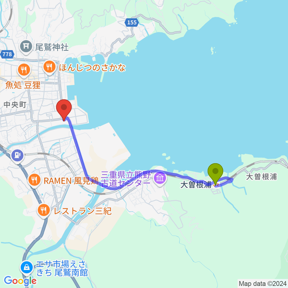 大曽根浦駅から尾鷲市民文化会館 せぎやまホールへのルートマップ地図