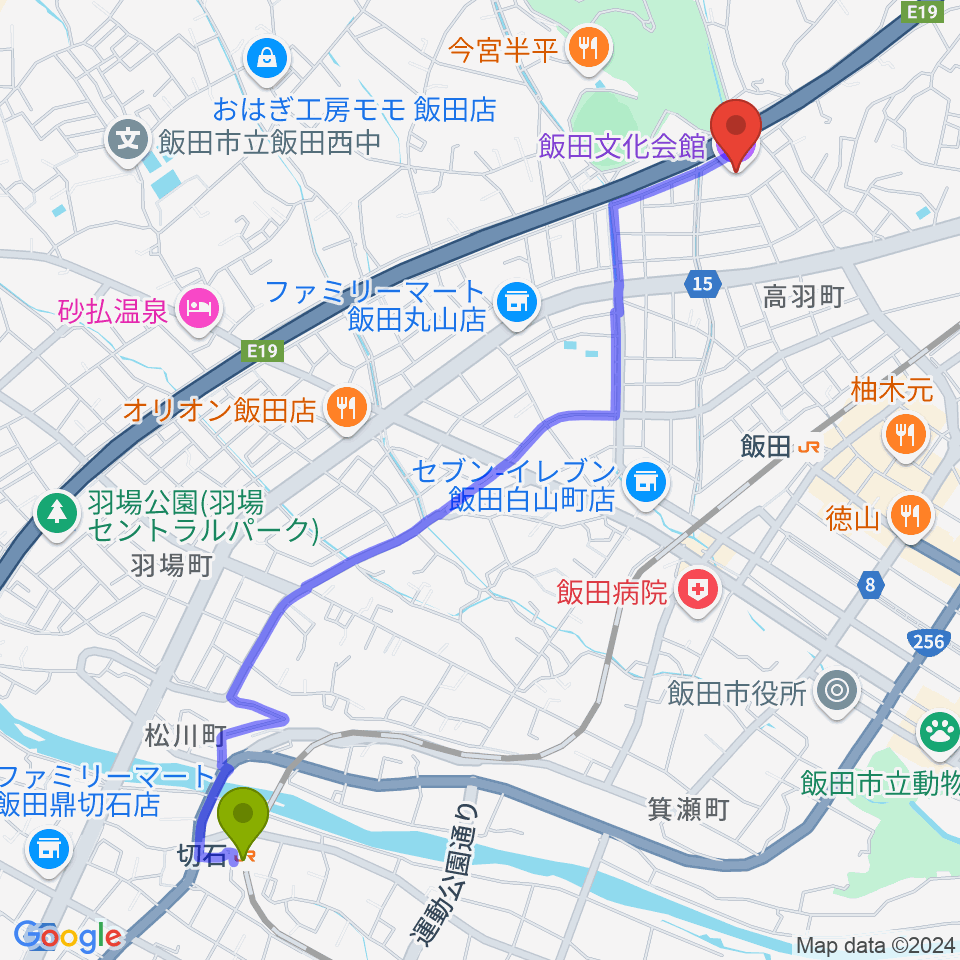 切石駅から飯田文化会館へのルートマップ地図