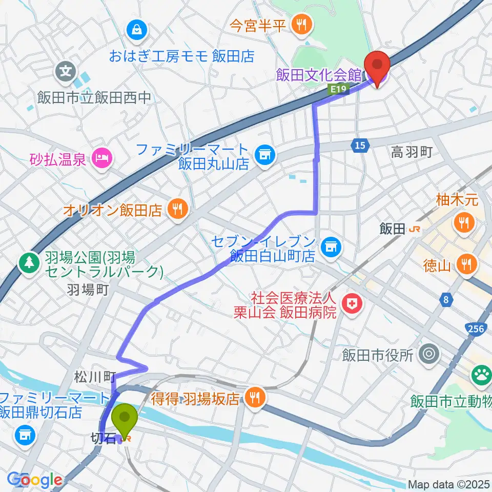 切石駅から飯田文化会館へのルートマップ地図