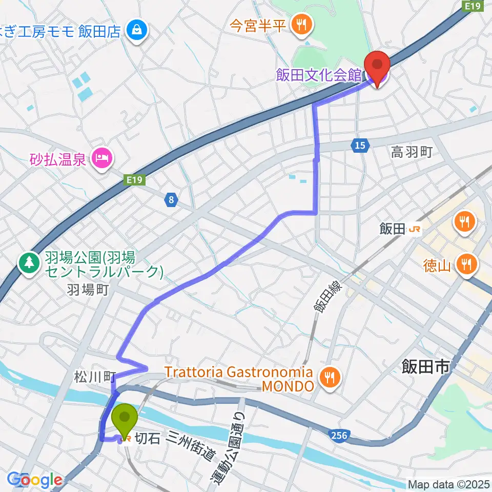 切石駅から飯田文化会館へのルートマップ地図