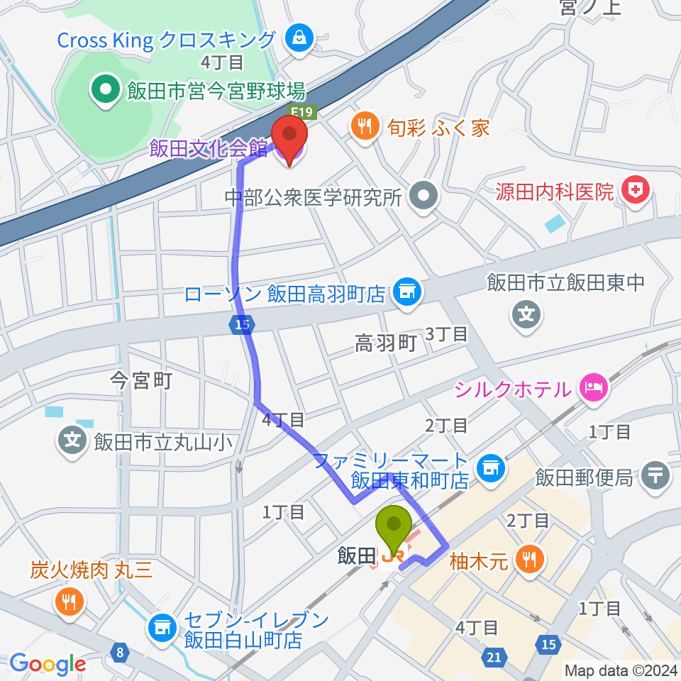 飯田文化会館の最寄駅飯田駅からの徒歩ルート（約9分）地図