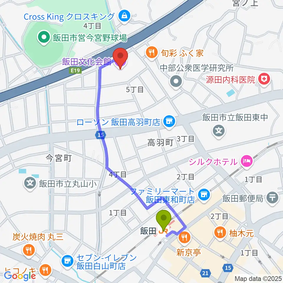 飯田文化会館の最寄駅飯田駅からの徒歩ルート（約9分）地図