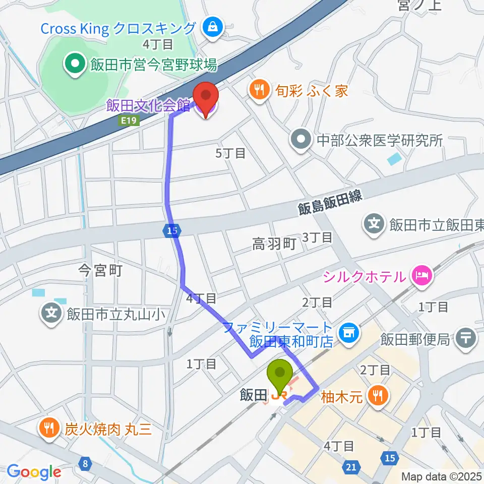 飯田文化会館の最寄駅飯田駅からの徒歩ルート（約9分）地図