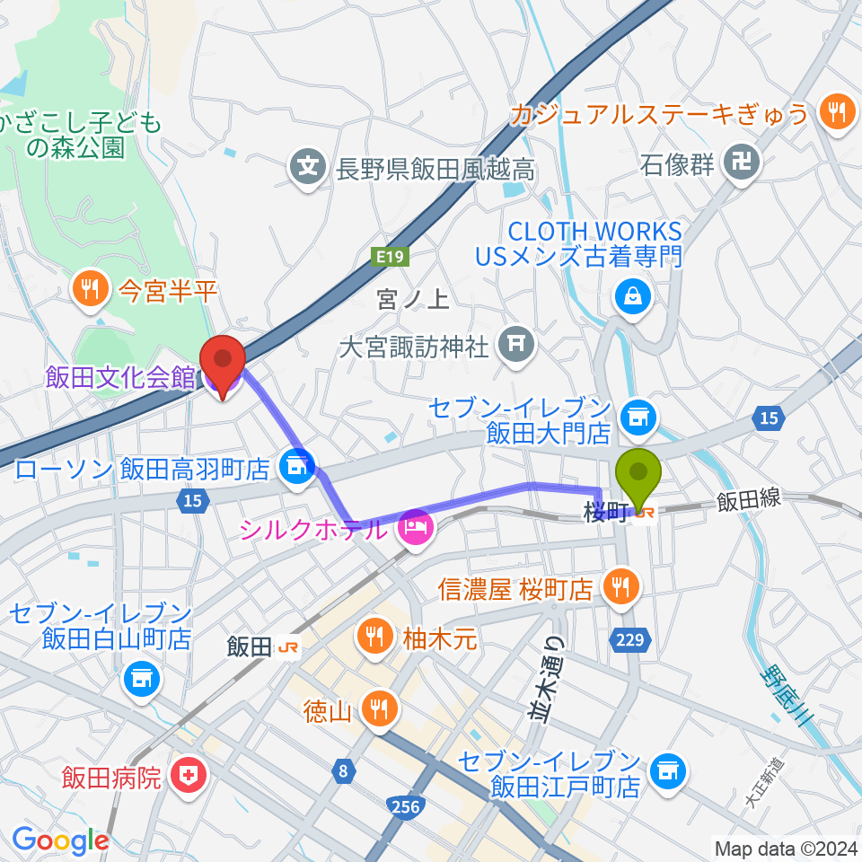 桜町駅から飯田文化会館へのルートマップ地図