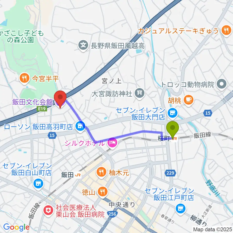 桜町駅から飯田文化会館へのルートマップ地図