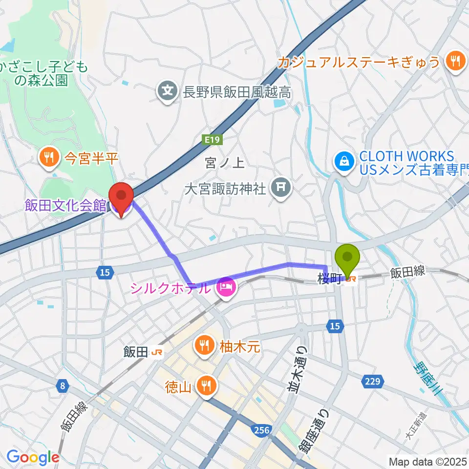 桜町駅から飯田文化会館へのルートマップ地図