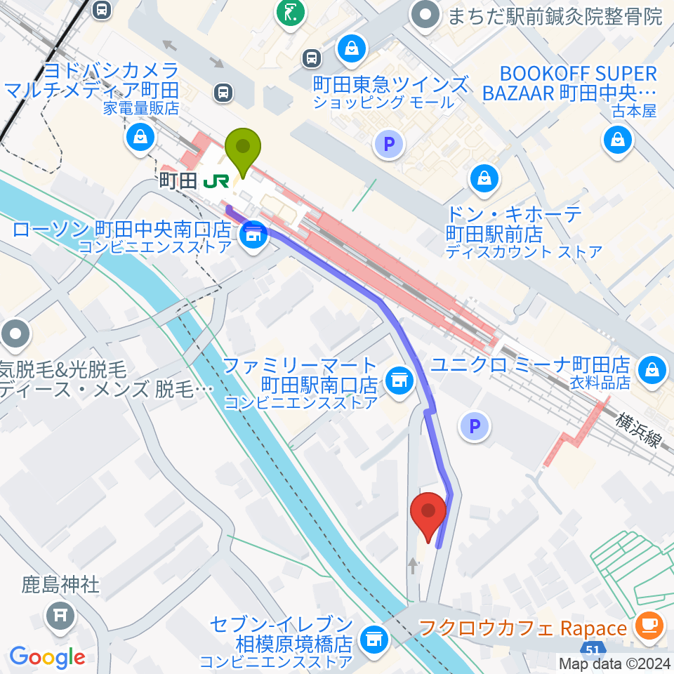 YOKOTA BASE STUDIOの最寄駅町田駅からの徒歩ルート（約5分）地図