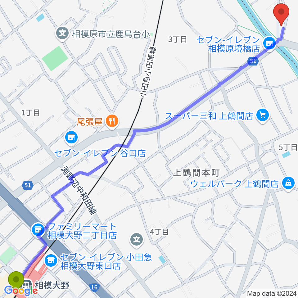 相模大野駅からYOKOTA BASE STUDIOへのルートマップ地図