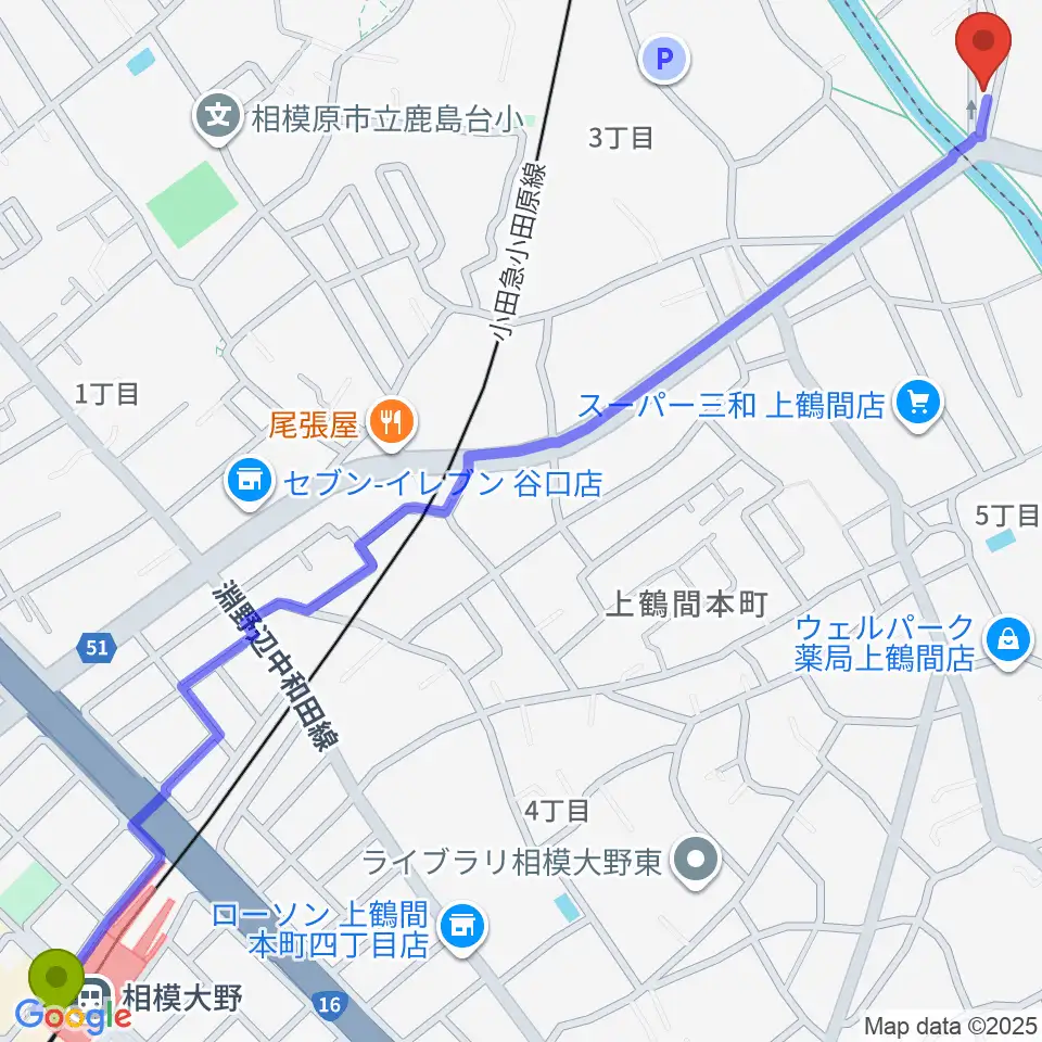 相模大野駅からYOKOTA BASE STUDIOへのルートマップ地図
