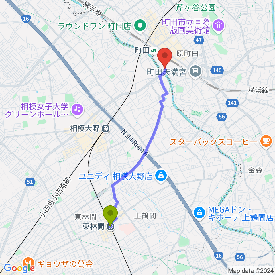 東林間駅からYOKOTA BASE STUDIOへのルートマップ地図