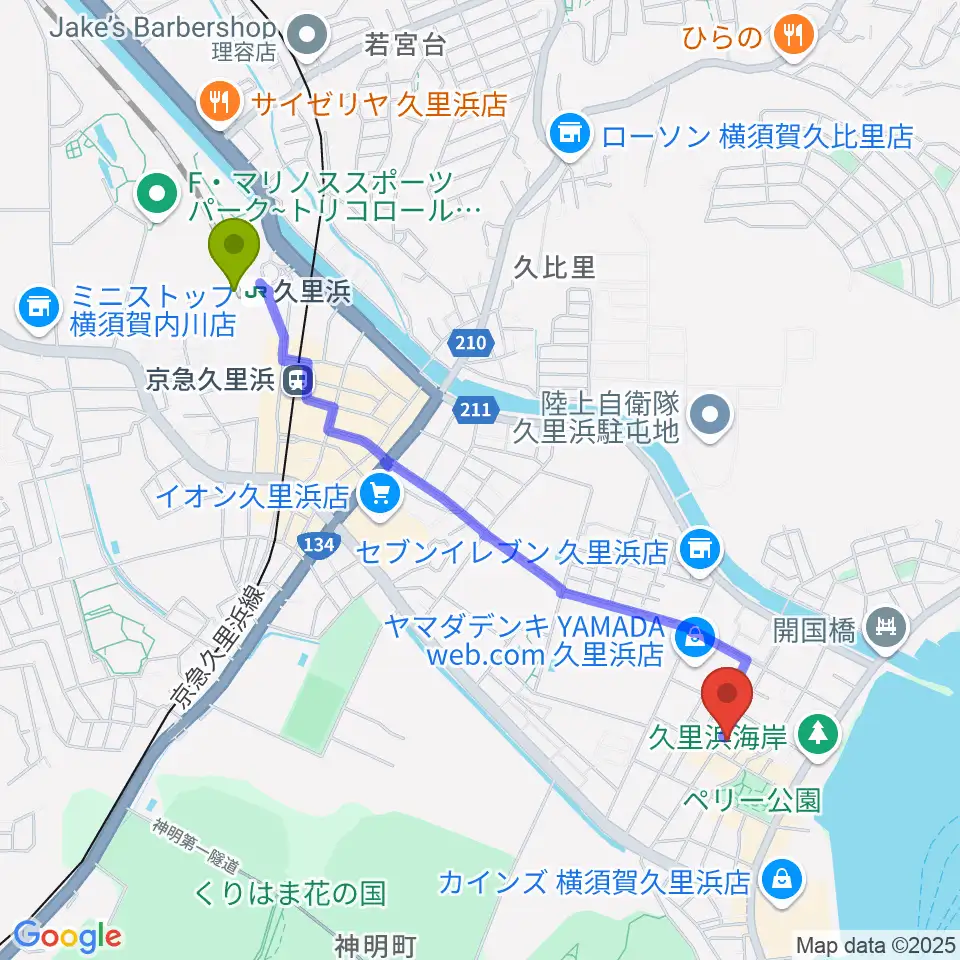 ドルチェ音楽教室の最寄駅久里浜駅からの徒歩ルート（約22分）地図