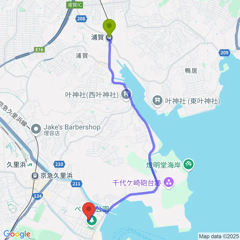 浦賀駅からドルチェ音楽教室へのルートマップ地図