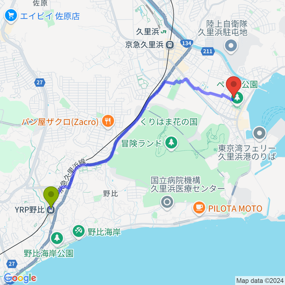 ＹＲＰ野比駅からドルチェ音楽教室へのルートマップ地図