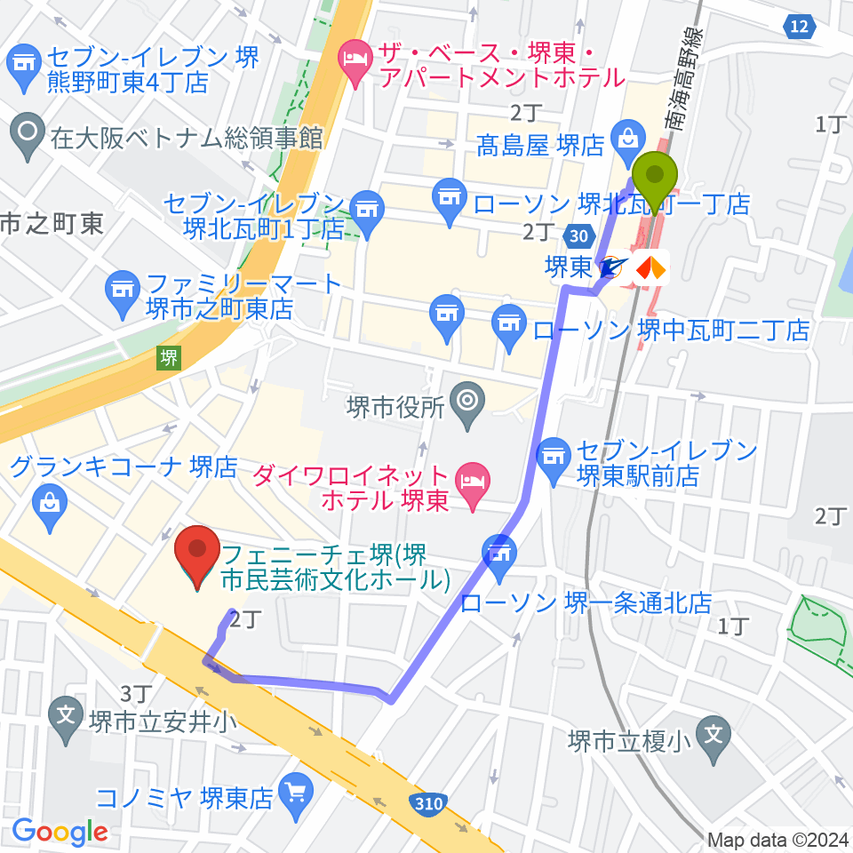 フェニーチェ堺の最寄駅堺東駅からの徒歩ルート（約11分）地図