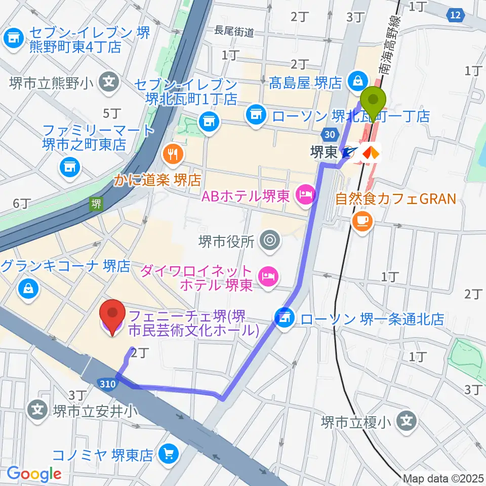 フェニーチェ堺の最寄駅堺東駅からの徒歩ルート（約11分）地図