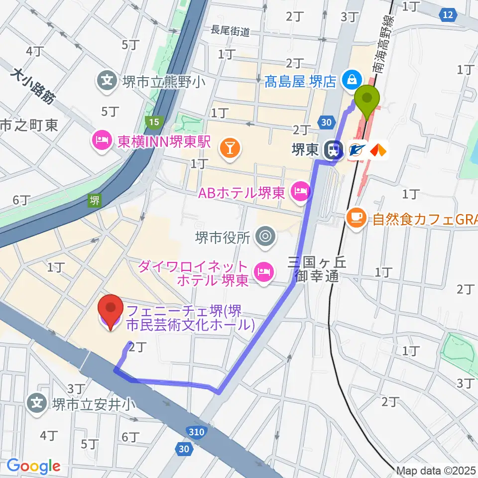 フェニーチェ堺の最寄駅堺東駅からの徒歩ルート（約11分）地図
