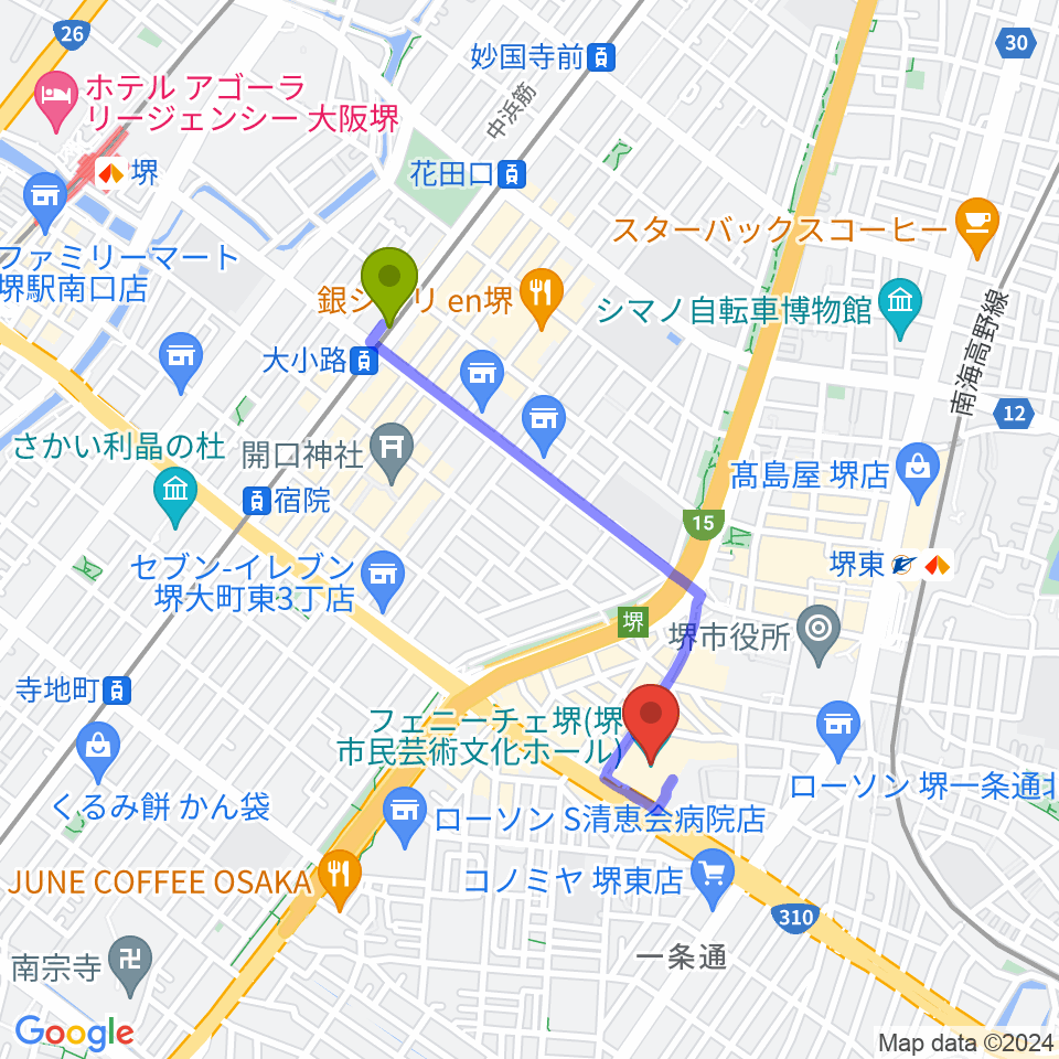 大小路駅からフェニーチェ堺へのルートマップ地図