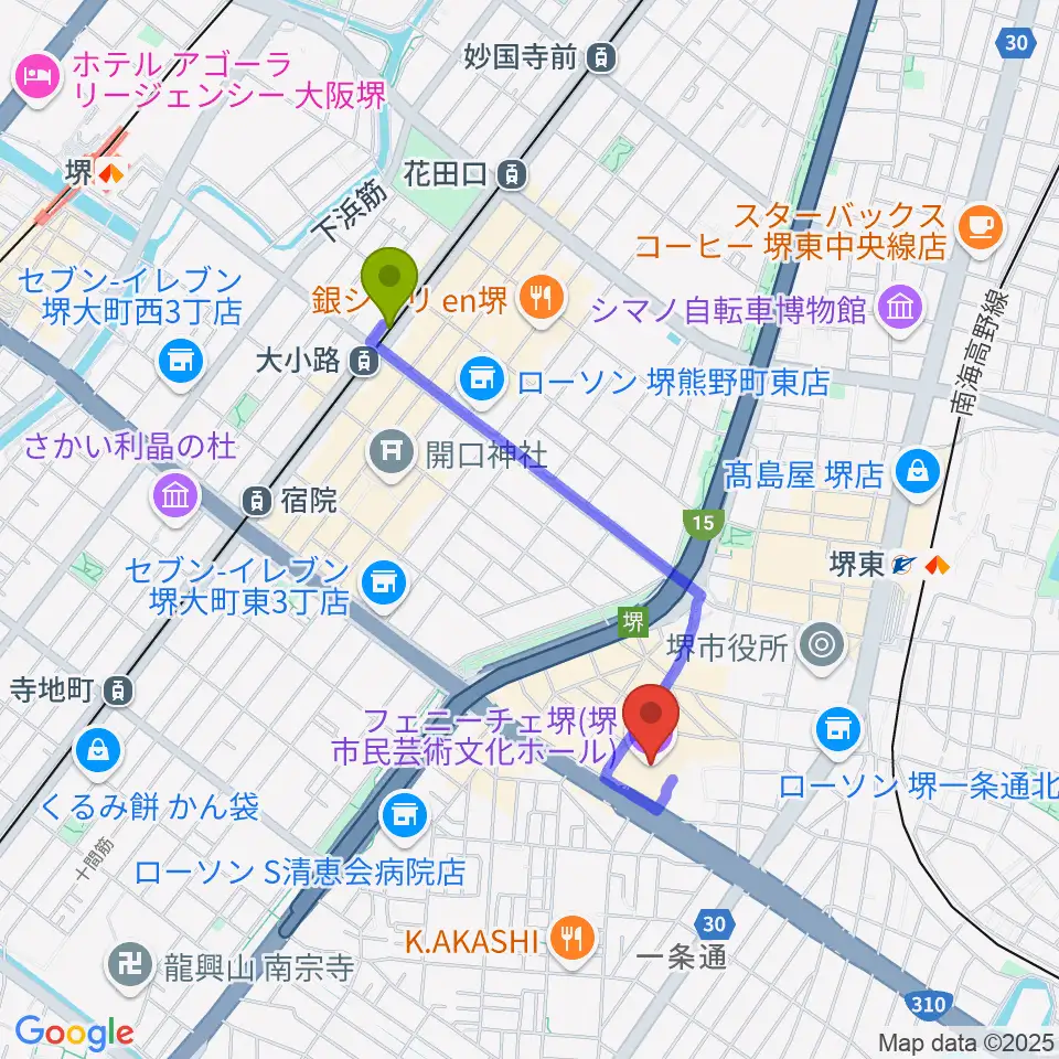 大小路駅からフェニーチェ堺へのルートマップ地図