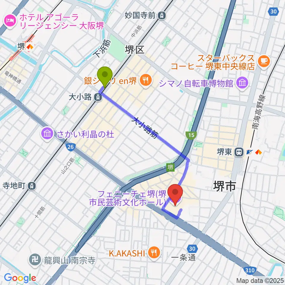 大小路駅からフェニーチェ堺へのルートマップ地図