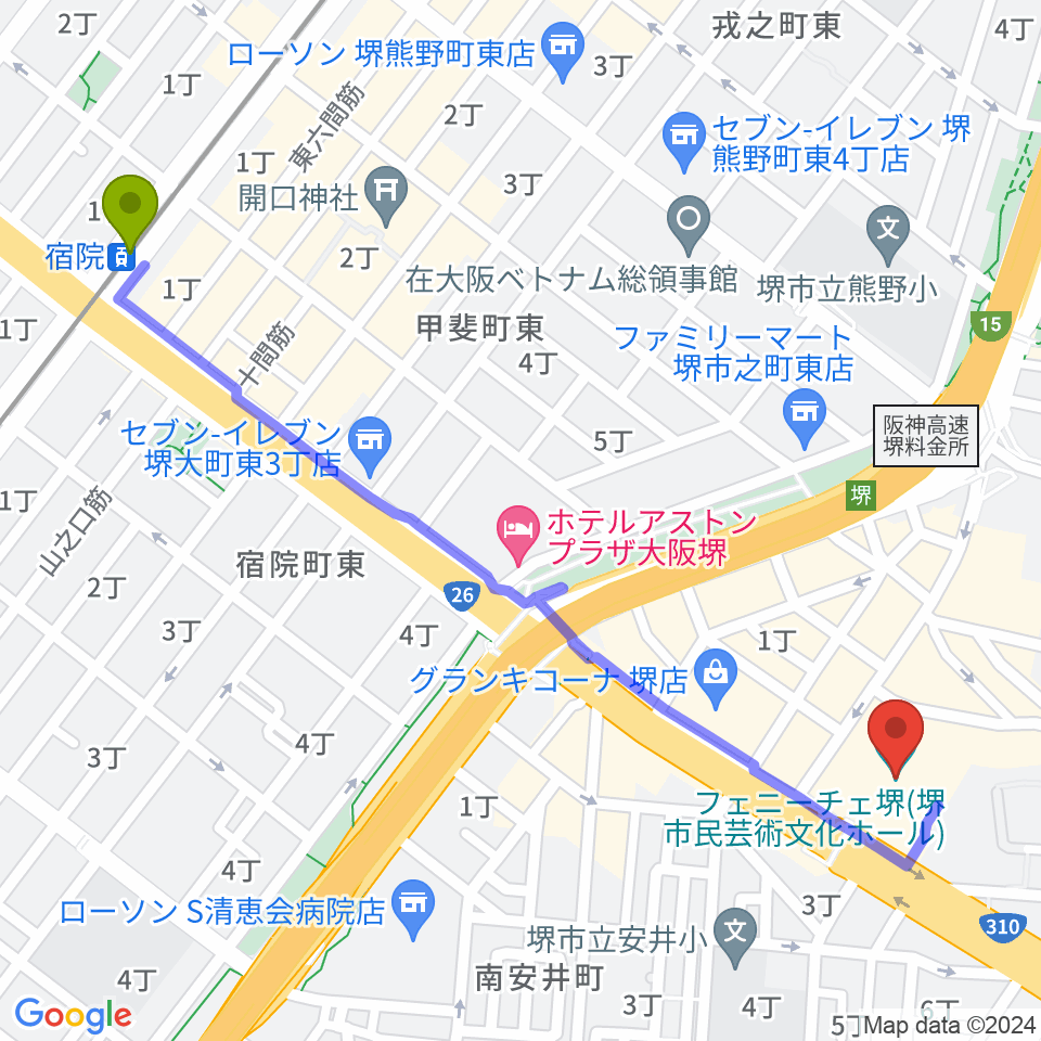宿院駅からフェニーチェ堺へのルートマップ地図
