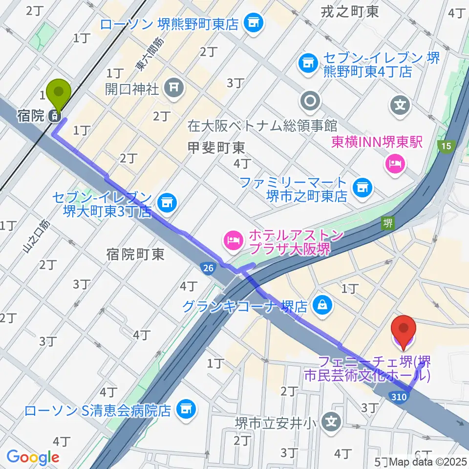 宿院駅からフェニーチェ堺へのルートマップ地図