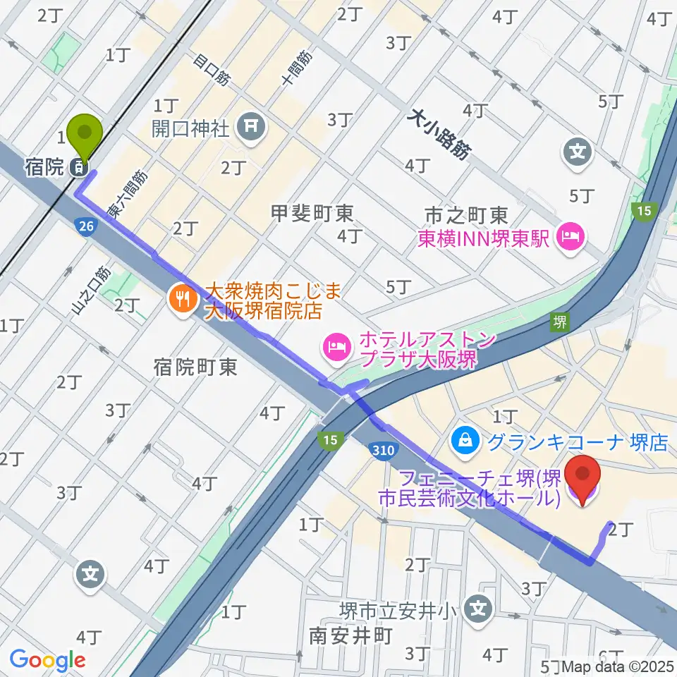 宿院駅からフェニーチェ堺へのルートマップ地図