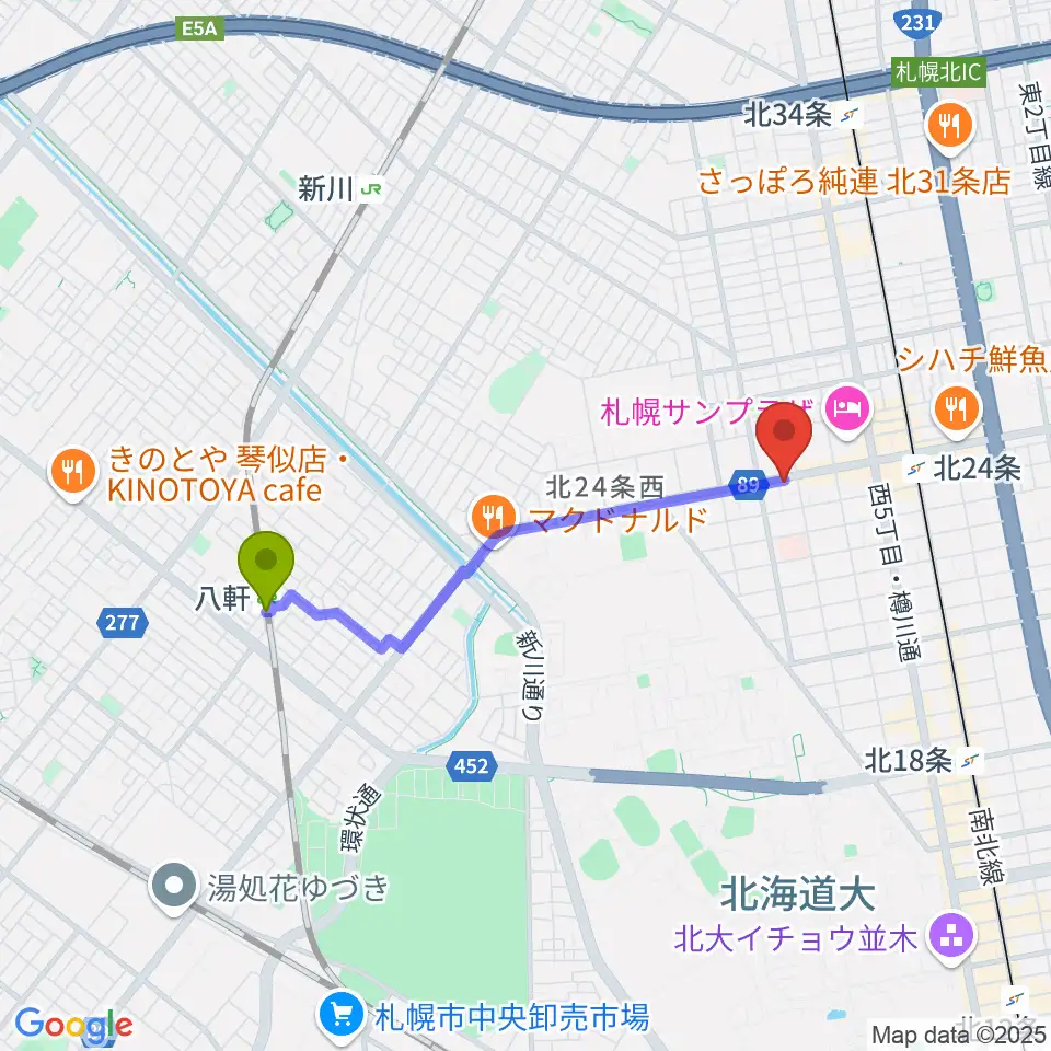八軒駅からジングルホールへのルートマップ地図