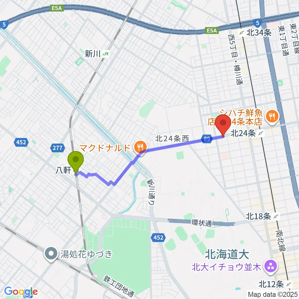 八軒駅からジングルホールへのルートマップ地図