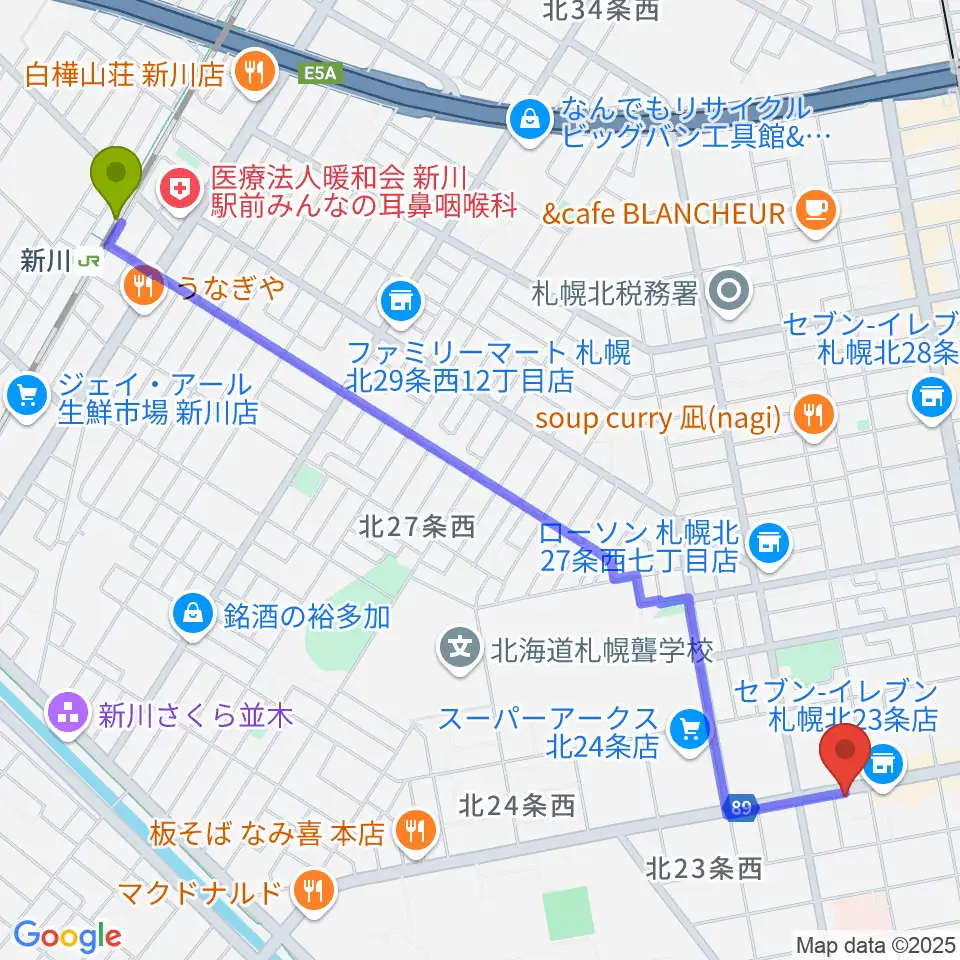 新川駅からジングルホールへのルートマップ地図