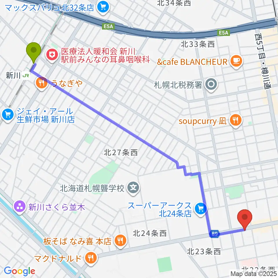 新川駅からジングルホールへのルートマップ地図