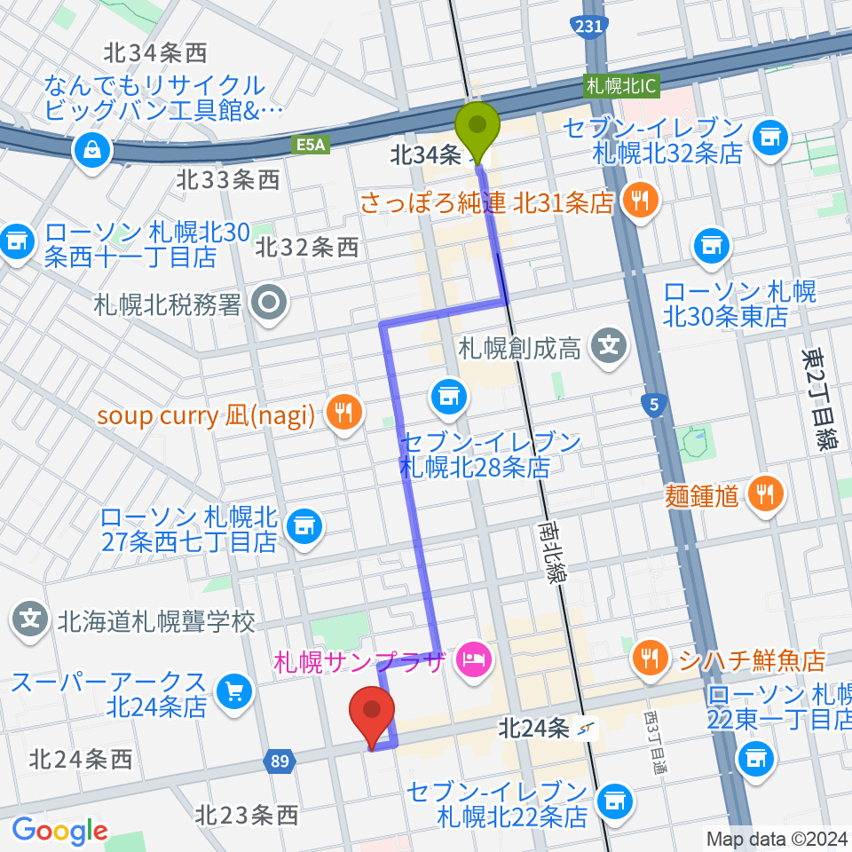 北３４条駅からジングルホールへのルートマップ地図