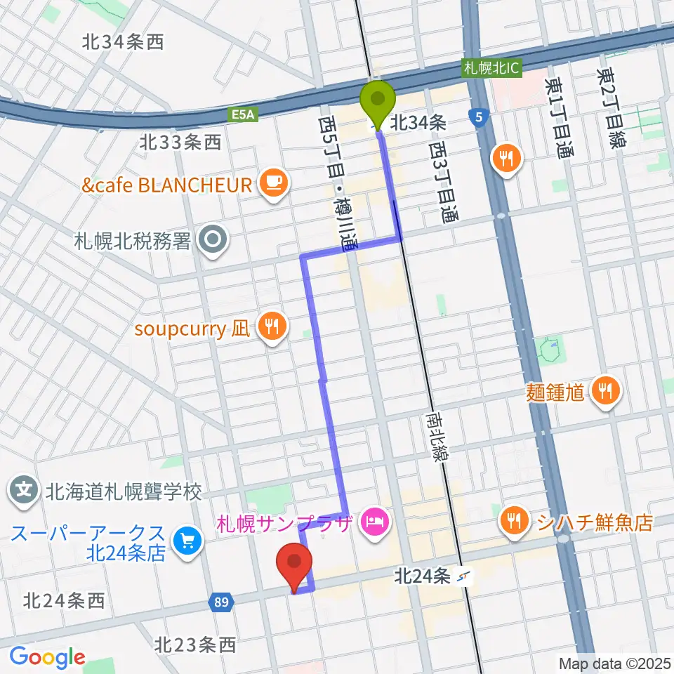 北３４条駅からジングルホールへのルートマップ地図