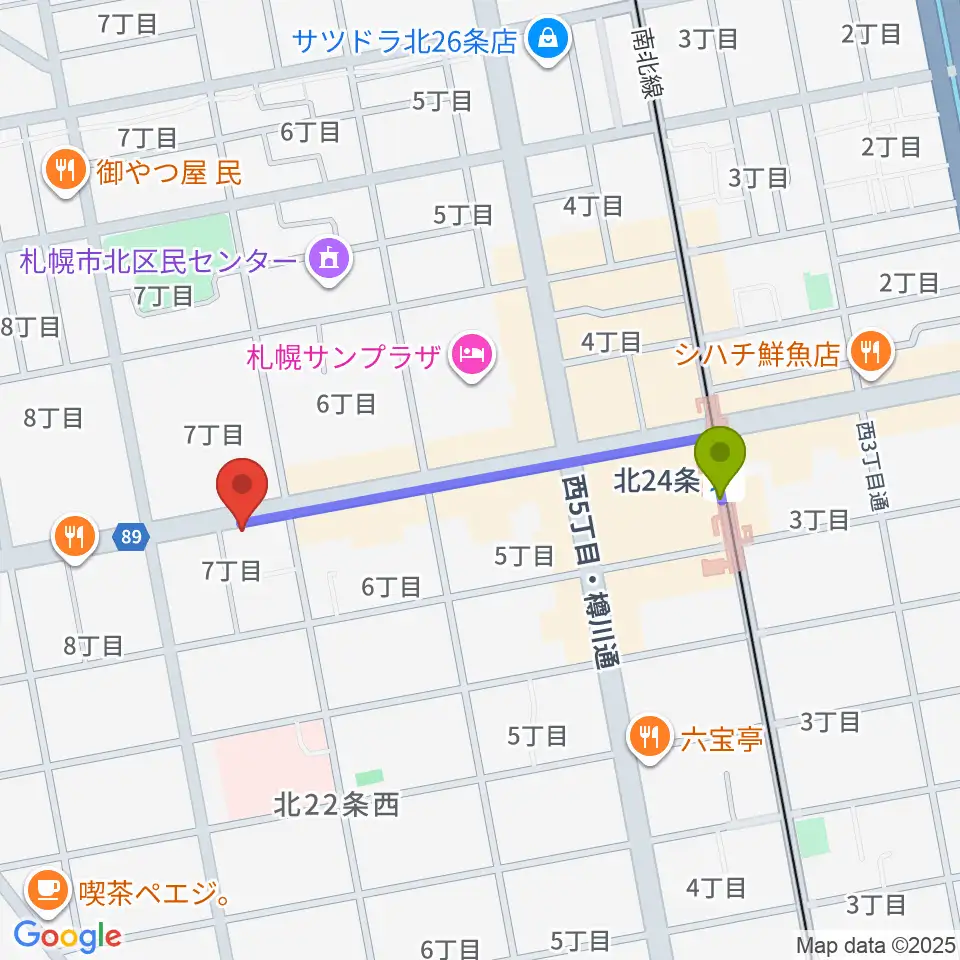 ジングルホールの最寄駅北２４条駅からの徒歩ルート（約7分）地図
