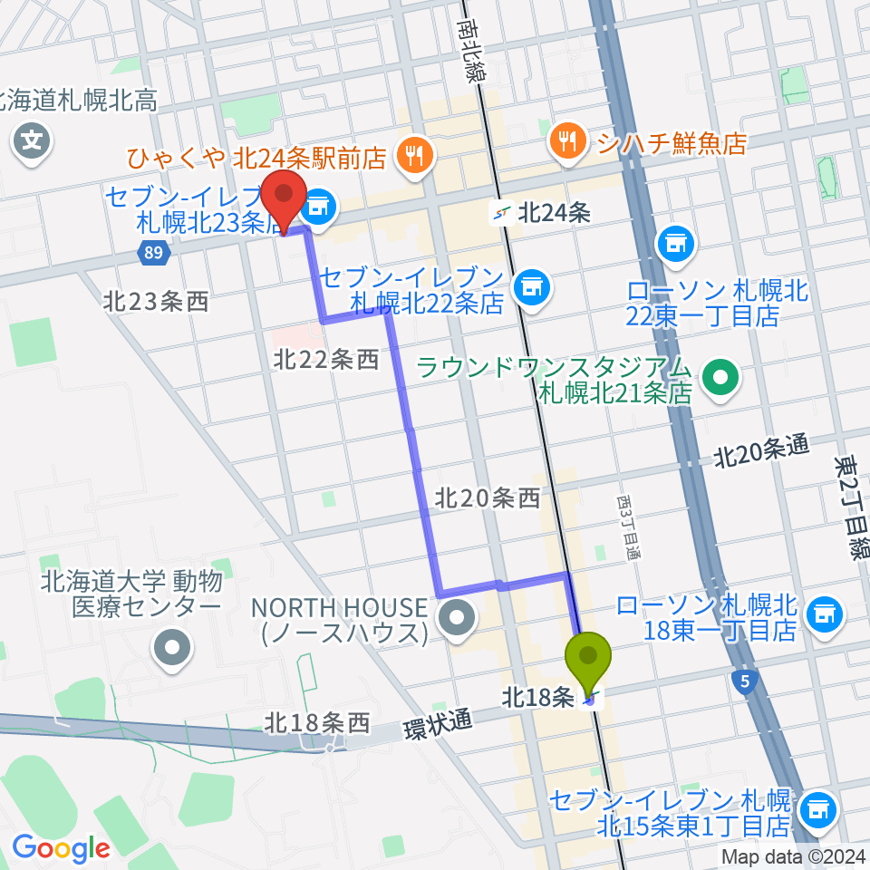 北１８条駅からジングルホールへのルートマップ地図