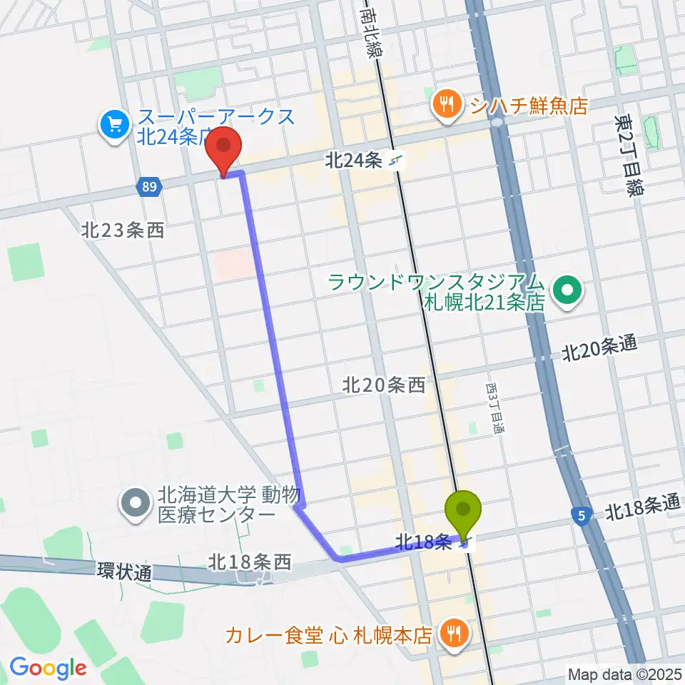 北１８条駅からジングルホールへのルートマップ地図