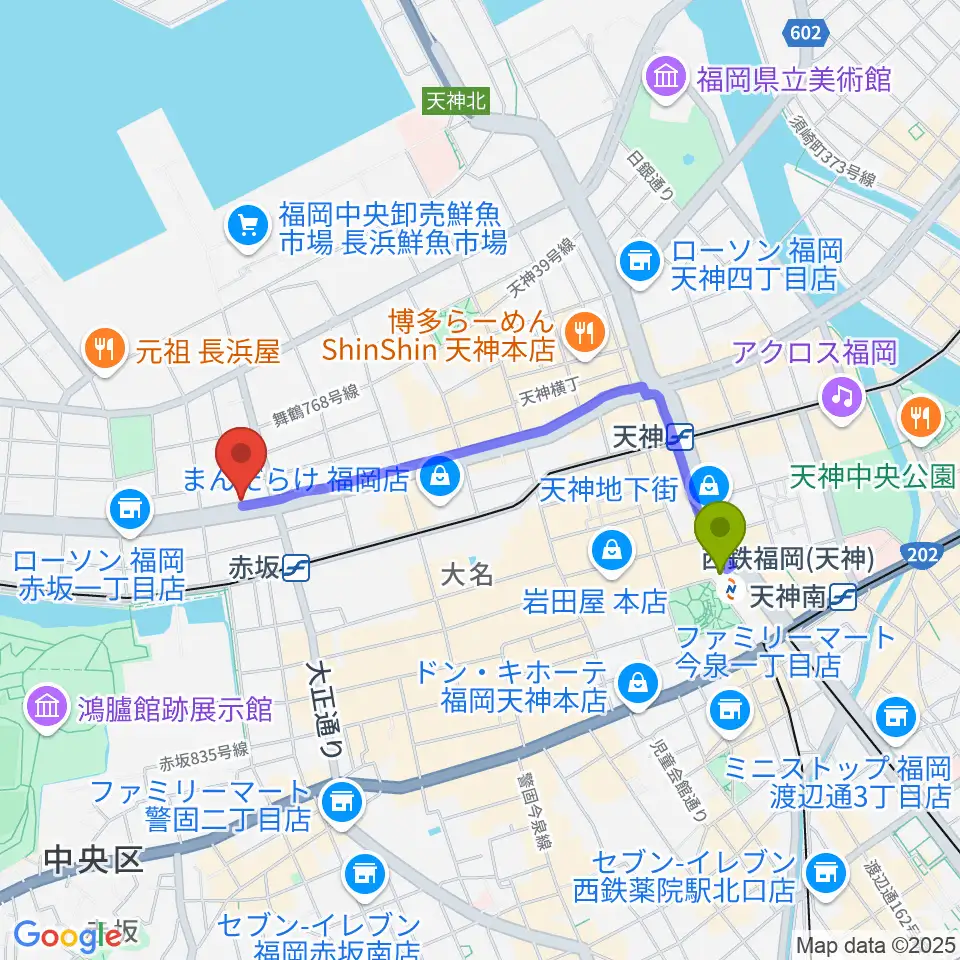 西鉄福岡（天神）駅から専門学校ESPエンタテインメント福岡へのルートマップ地図